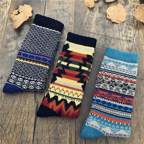 New products for autumn and winter, Japanese style thick needlework, medium and long tube ethnic style cotton socks for men, retro totem Harajuku trendy socks cross-border