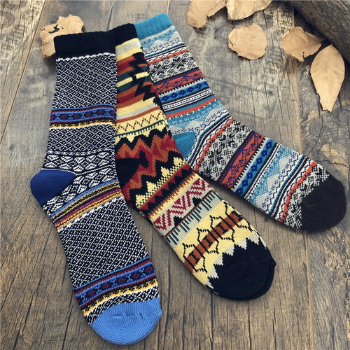New products for autumn and winter, Japanese style thick needlework, medium and long tube ethnic style cotton socks for men, retro totem Harajuku trendy socks cross-border