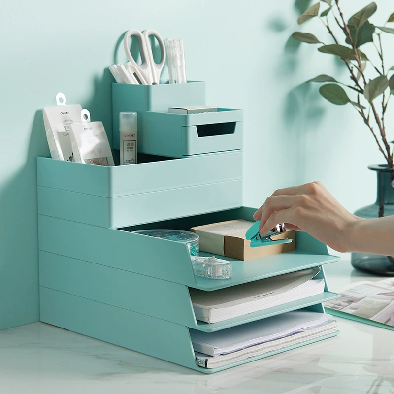 Document Folder Organizer, A4 Desk Storage Box, Simple Stackable Design, Gray/Light Blue