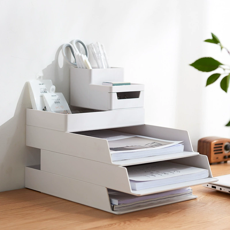 Document Folder Organizer, A4 Desk Storage Box, Simple Stackable Design, Gray/Light Blue
