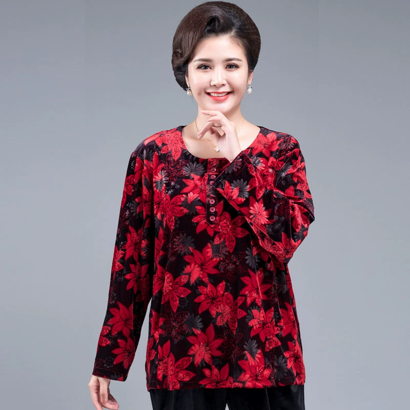 2021 Платье для матери Бархатный кардиган с широким вырезом жены Осень Весеннее платье Темпераментное женское осеннее платье среднего возраста Топ Одежда для стариков Плюс