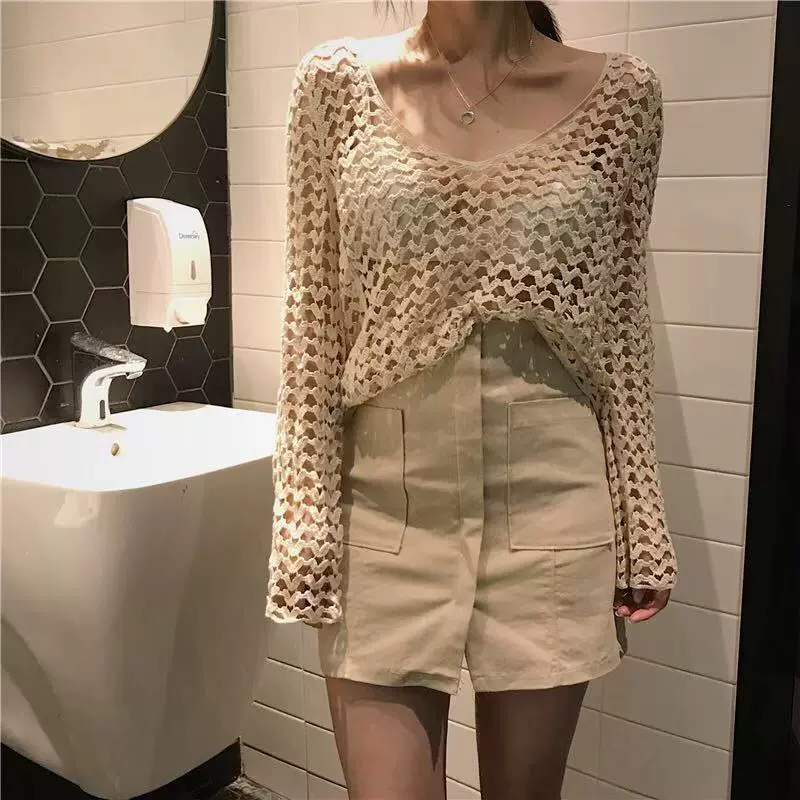 韩版针织镂空勾花刺绣蕾丝性感罩衫温泉沙滩防晒空调衫泳衣保守薄