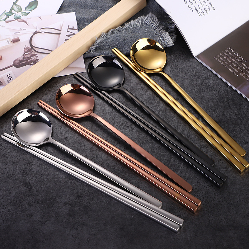 304 Korean Style Round Spoon Chopsticks Set Stainless Steel Square Chopsticks Long Handle Spoon Titanium Plated Stainless Steel Tableware