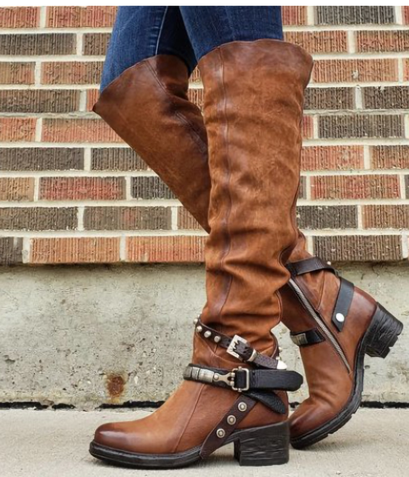 Women's Shoes new belt buckle long boots women's boots thick heel medium heel large size 40 43_voghion.com