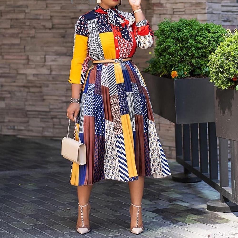 Vestido Nuevo Primavera/Verano 2025, Estilo Africano, Estampado, Cuello con Lazo, Manga Tres Cuartos, Vestido Midi, Ropa de Mujer SC8165 image 3
