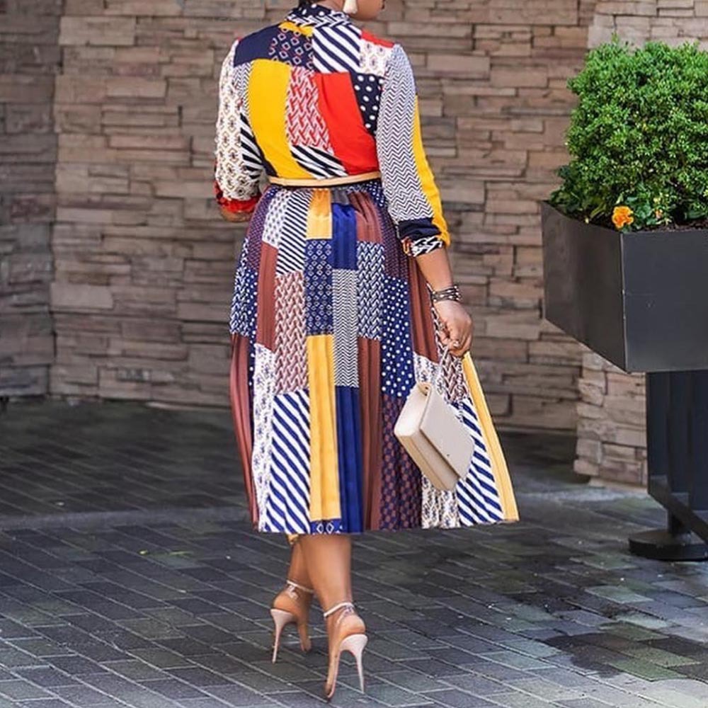 Vestido Nuevo Primavera/Verano 2025, Estilo Africano, Estampado, Cuello con Lazo, Manga Tres Cuartos, Vestido Midi, Ropa de Mujer SC8165 image 4