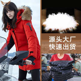 找工厂跨境定制羽绒服加工欧美女式连帽中长款带毛领羽绒服批发