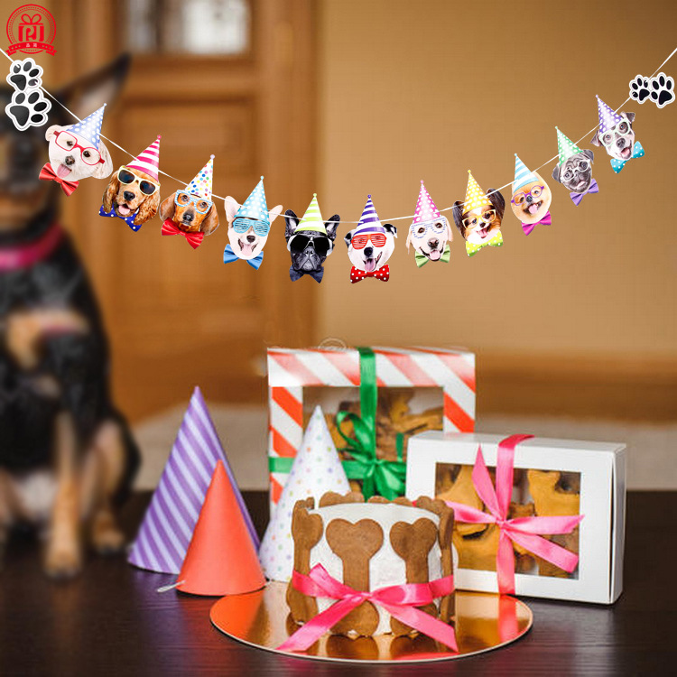 Especial transfronterizo para nuevo perro cumpleaños fiesta tirar bandera mascota cumpleaños decoración tirar flor perro expresión