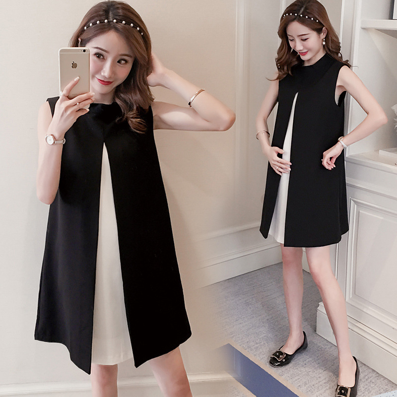 Spot Summer New Simple Black and White Color Matching Bow Tie A-Line Vest Maternity Skirt