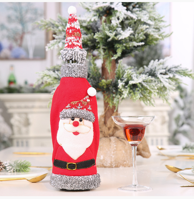 Haube Christmas gray flannel wrapping cap red wine bottle set red wine bag champagne decoration_voghion.com