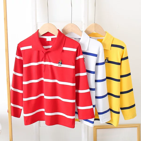 Kids Polo Spring & Fall Korean Kidsren's T-Shirt Kidsren's Stripesd Lapel Long-Sleeved Polo Shirt Polo Shirt Cross-Border Wholesale