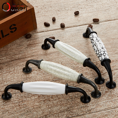 Okali classic European style bathroom cabinet door handle wood grain marble cracked black and white ceramic handle