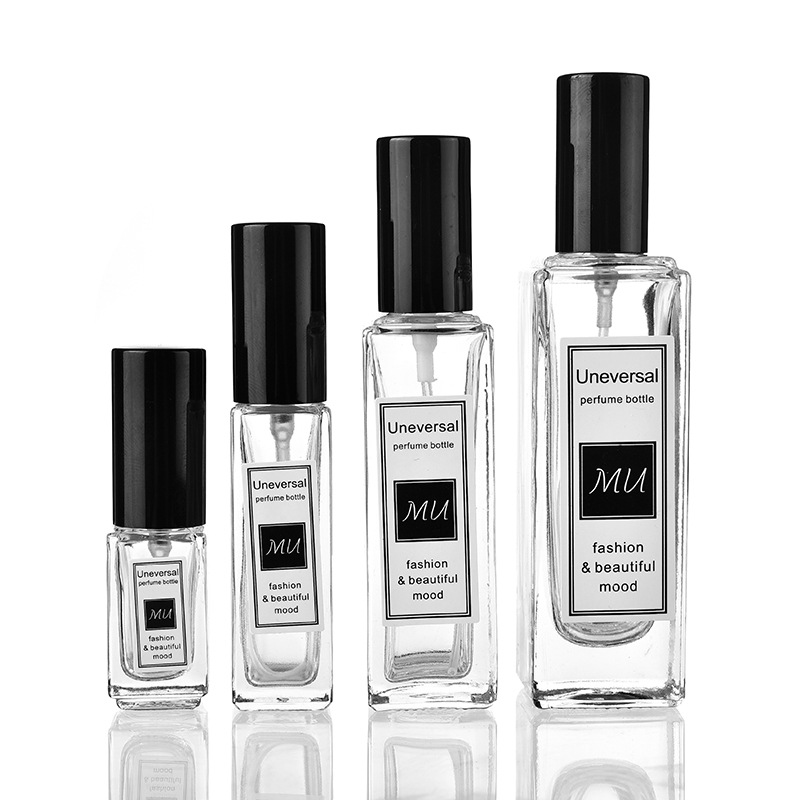 Botella de perfume de vidrio de cuatro cuadrados botella de perfume portátil 5 10 20 30ml botella de perfume de muestra pequeña botella de espesamiento