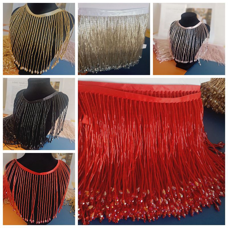 15CM手工重工流苏水晶加管珠花边珠串舞蹈服装轻奢礼服辅料 5米