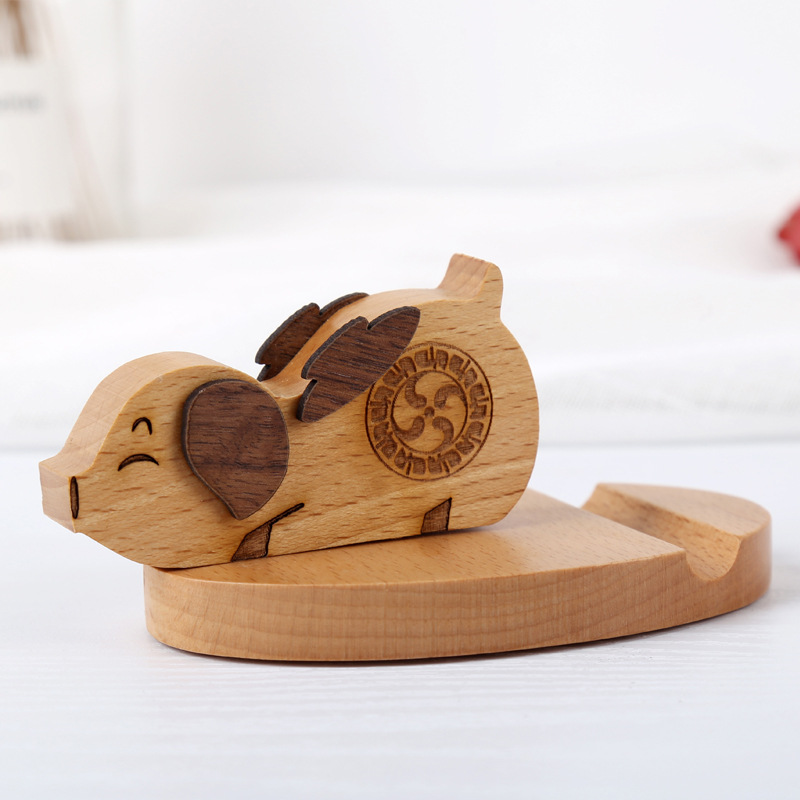Soporte de madera para teléfonos móviles creativos Pony Teléfonos móviles Toma Monedas de haya Perezoso Teléfonos móviles Logos grabados