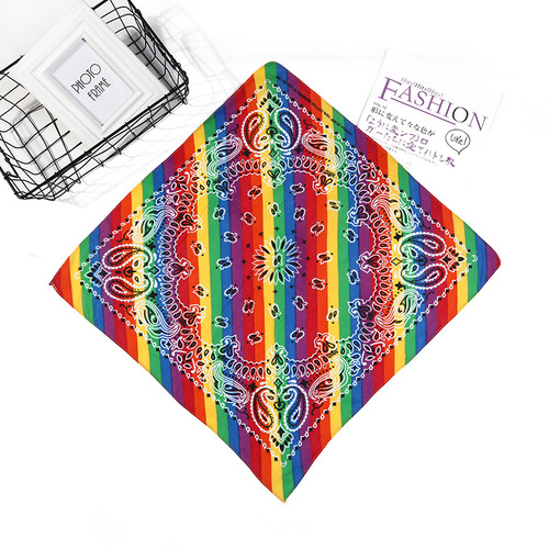 All-cotton 54cm European and American style sports outdoor square scarf retro rainbow cashew flower headscarf with printed logo cycling headscarf