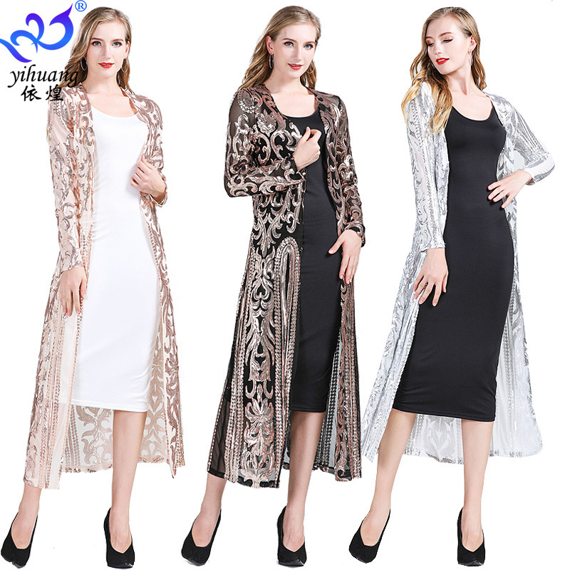 European and American Large Size Sequined Long-Sleeved Cardigan with Sequined Long Outwear Party Performance Clothing Mesh Shawl Dance Shirt