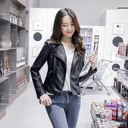 Women's Short-Haired Korean-Style Slim Fit Leather Jacket for Plus Size, Spring and Autumn 2025