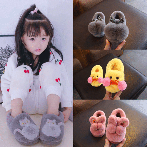 Baby cotton slippers for winter, 1-3 years old, for girls—warm indoor cotton shoes with heel for children; cute cartoon style for boys, suitable for autumn and winter.
