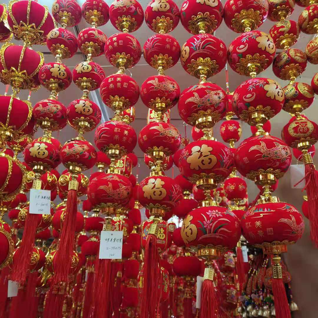 厂家直销植绒灯笼 圆形成品植绒灯笼串 红灯笼国庆节红灯笼批发