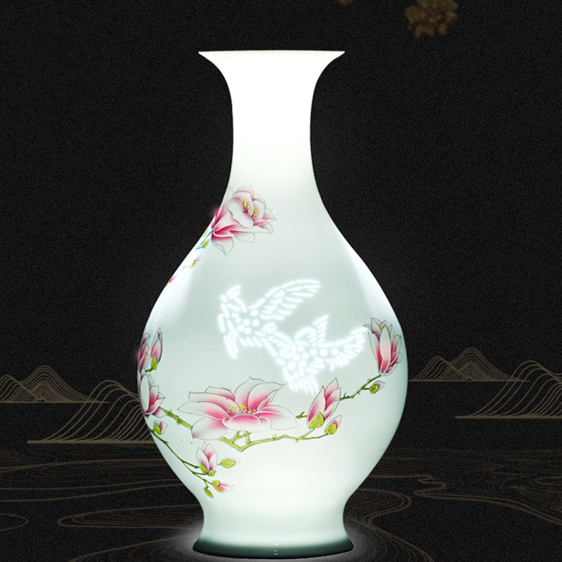 景德镇陶瓷器玲珑粉彩花瓶插花新中式家居客厅博古架装饰品摆件
