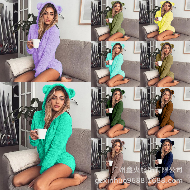 New Cross-Border European and American Amazon Plush Solid Color Long-Sleeved Hooded Cute Women's Jumpsuit Shorts Home Clothes
