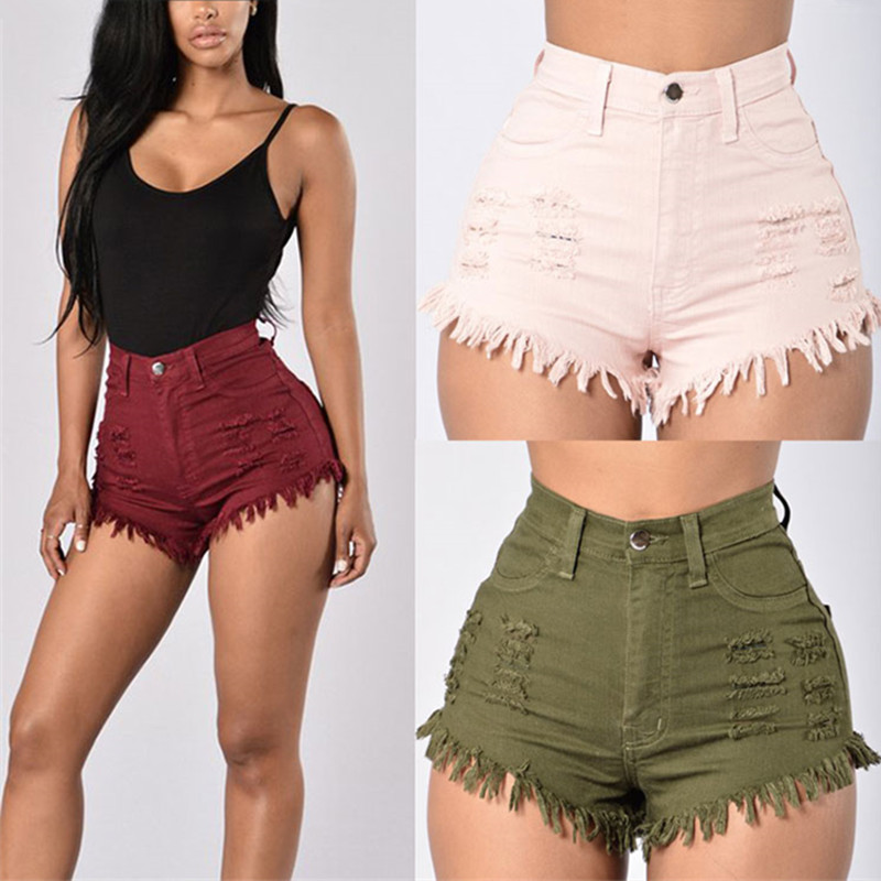 Cross-Border Independent Brand Army Green Thin Three-Quarter Pants Ripped Denim Shorts Women's Summer Jeans Women's High-Waisted Slimming