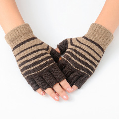 New winter striped knit warm gloves for men students, finger-revealing typing woolen half-finger gloves for women, factory wholesale