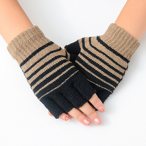 New winter striped knit warm gloves for men students, finger-revealing typing woolen half-finger gloves for women, factory wholesale