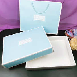 蓝色英文套巾盒一条浴巾两条毛巾礼盒毛巾包装盒折叠纸盒现货批发