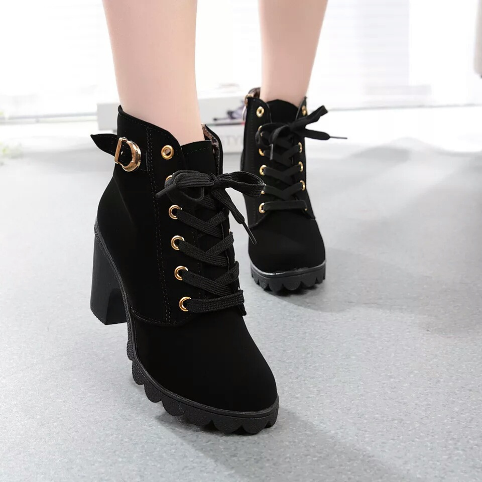 Aliexpress Thick-Heeled High-Heeled Short Martin Boots for Women, European and American Fashion Waterproof Platform Round-Toe Side-Zipper Short Boots for Women