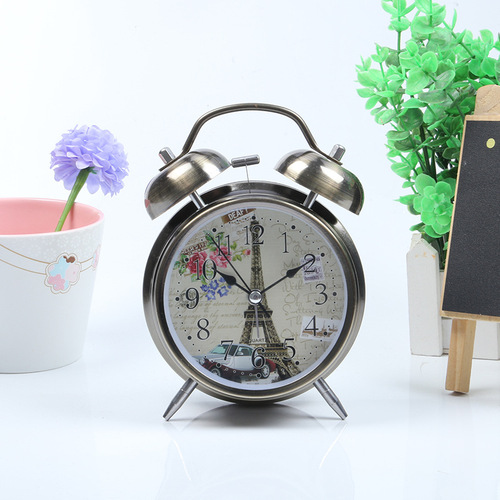 Factory Direct Supply 4-inch Metal Plated Red Copper Bronzed Gold Imitation Alarm Clock Night Light Creative Belling Children Student Desk Clock