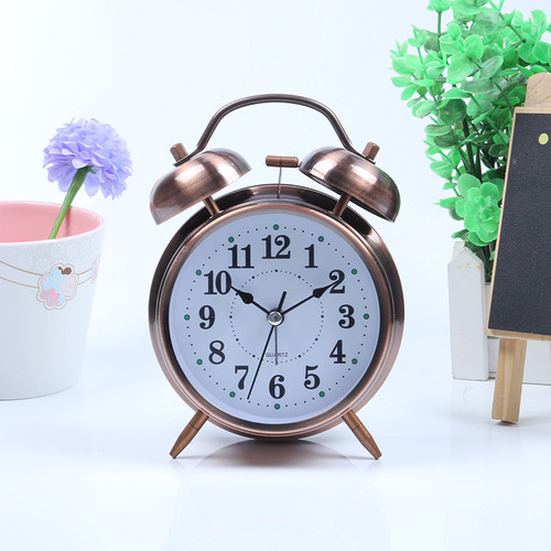 Factory Direct Supply 4-inch Metal Plated Red Copper Bronzed Gold Imitation Alarm Clock Night Light Creative Belling Children Student Desk Clock