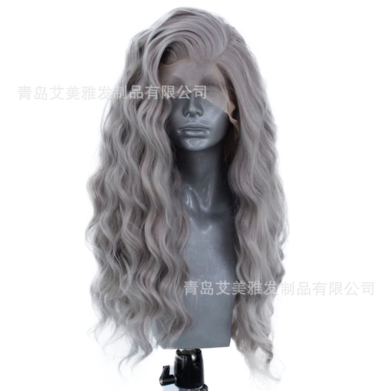 Chemical fiber front lace wig Amazon manufacturers supply and sell a generation of grandma Gray big wave headgear