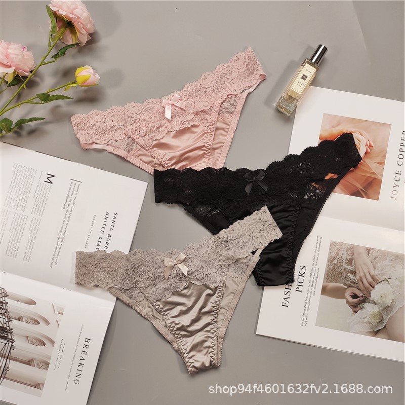 PINK PLAY New Style Small Thong Women's Triangle Low Waist Lace Underwear Hollow Mesh Sexy Satin
