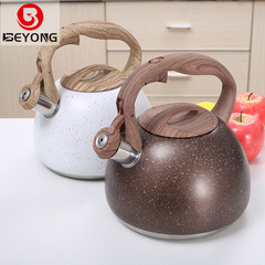 歐式不鏽鋼鳴笛燒水壺 亞馬遜鳴音開水壺3L防燙木紋噴色撒點批發