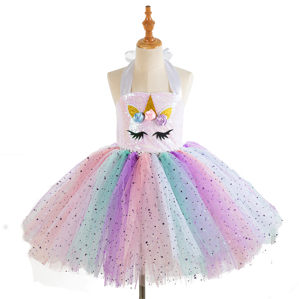 Ropa para niños gratis headwear pequeño lentejuelas estrellado cielo malla mano atada vestido de niña de un solo ángulo vestido de los niños