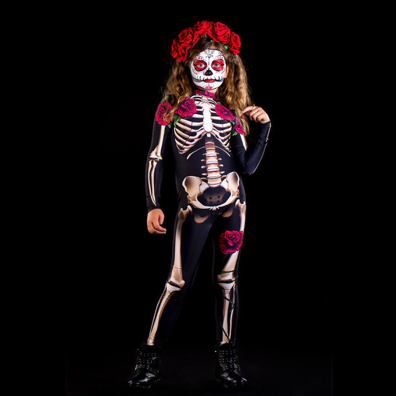 FC637 en stock europeo y americano de Halloween de las mujeres ropa personalidad Cosplay padre-niño traje Rosa esqueleto impreso mono
