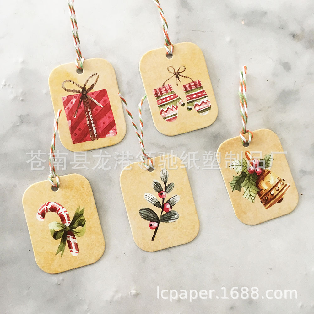 水彩圣诞牛皮色小吊牌卡片 复古手绘印花派对礼物烘焙包装装饰