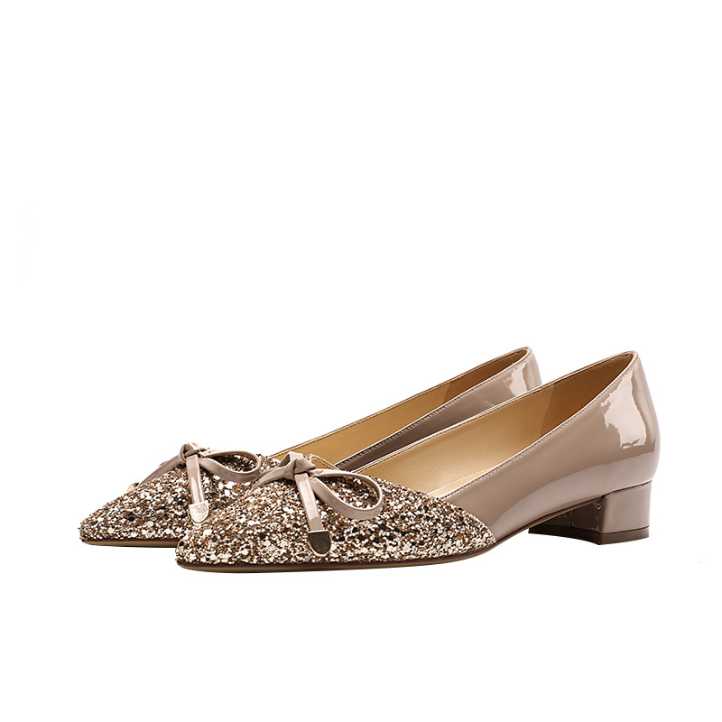 2026 Autumn New Women's Shallow Mouth Single Shoes, Pointed Toe, Color Block, Top Quality Sequin Bow, Mid-Heel, Chunky Heel_vogvips.com