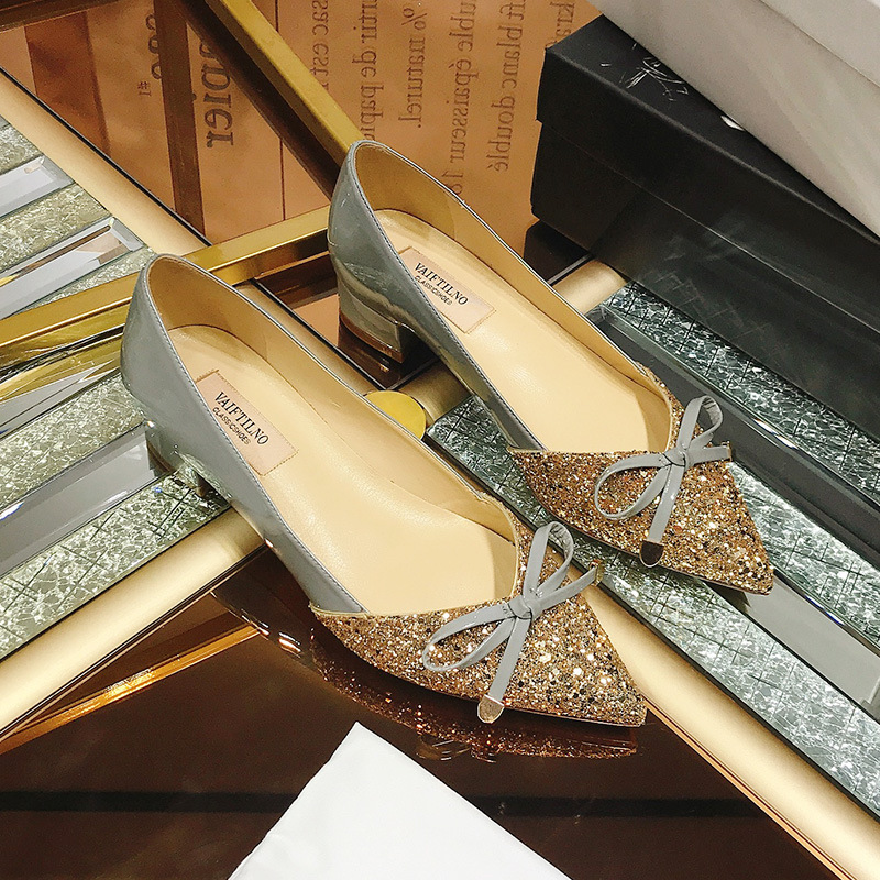2026 Autumn New Women's Shallow Mouth Single Shoes, Pointed Toe, Color Block, Top Quality Sequin Bow, Mid-Heel, Chunky Heel_vogvips.com