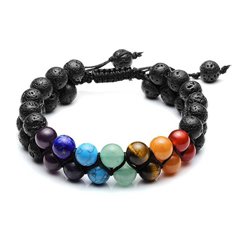 Natural Stone Volcanic Lava Rock Double Row Bracelet Colorful Volcanic Stone Woven Adjustable Double Layer Bracelet