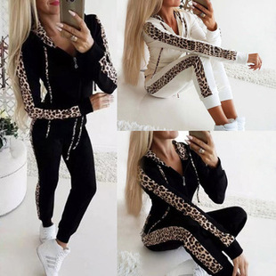 2025 Amazon wish autumn and winter new women's leopard print zipper sweater pants suit sexy home clothes