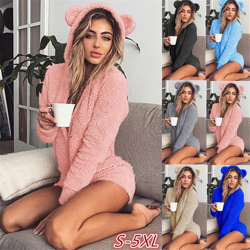 New Cross-Border European and American Amazon Plush Solid Color Long-Sleeved Hooded Cute Women's Jumpsuit Shorts Home Clothes