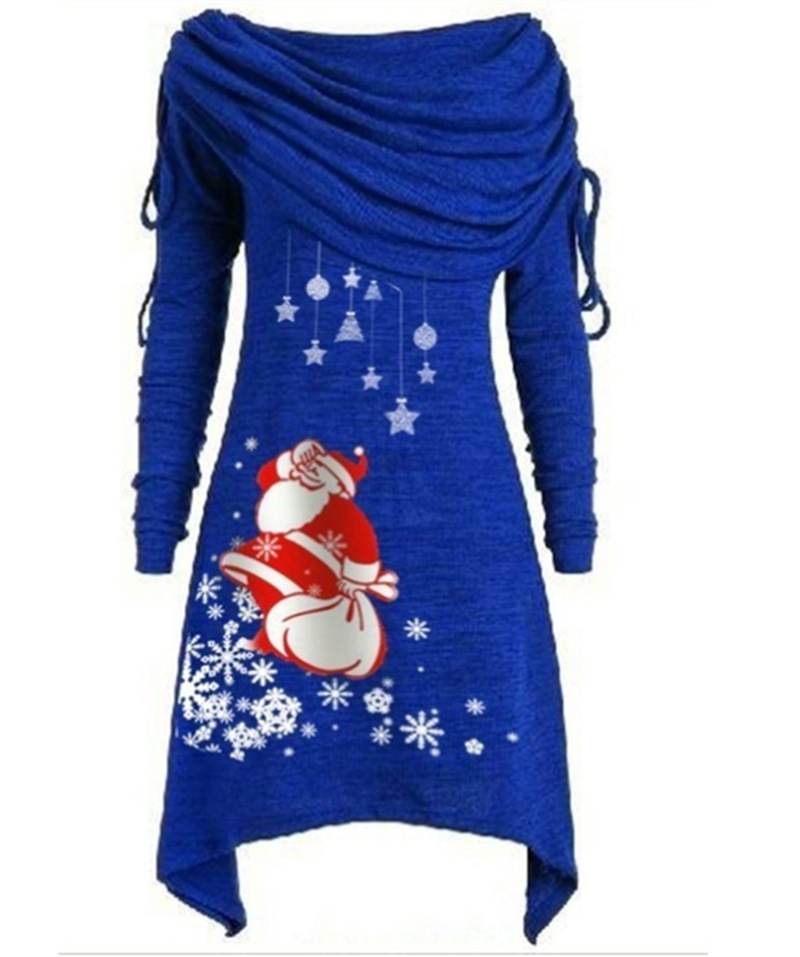 Las mujeres más el tamaño de manga larga de Santa Claus copo de nieve de impresión plisado cuello plisado irregular túnica de cintura media