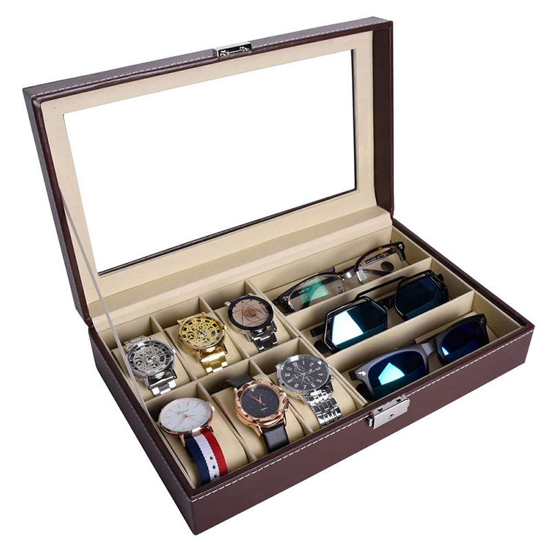 Caja organizadora de relojes y gafas de cuero PU, 6 espacios para relojes + 3 para lentes, elegante y funcional