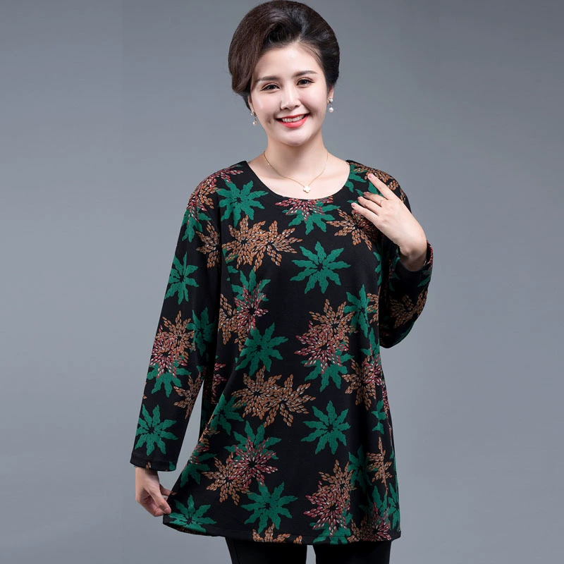 2021 Новый Топ с длинным рукавом для молодых мам для среднего и пожилого возраста, осень и зима, 50 лет, 80, свободная футболка в западном стиле, уменьшающая возраст, жирная