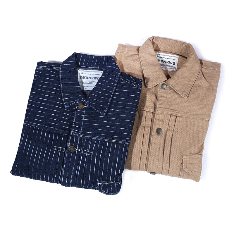 Nuevos hombres de la lona ropa de trabajo chaqueta ameikaji ferrocarril rayas verticales multi-Bolsillo Denim chaqueta de la capa