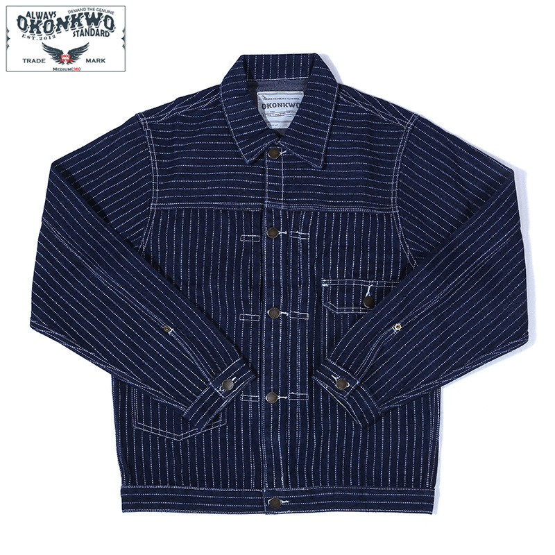 Nuevos hombres de la lona ropa de trabajo chaqueta ameikaji ferrocarril rayas verticales multi-Bolsillo Denim chaqueta de la capa