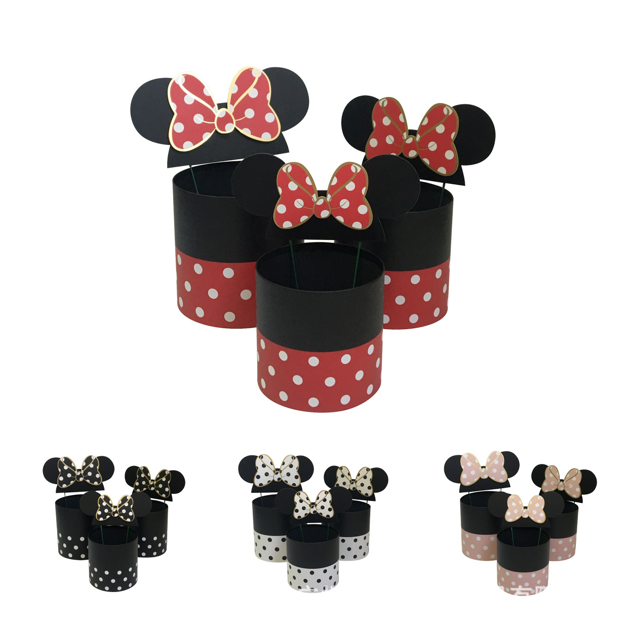 合心意 米老鼠米妮抱抱桶圆形花盒三件套鲜花礼品盒 伴手礼包装盒